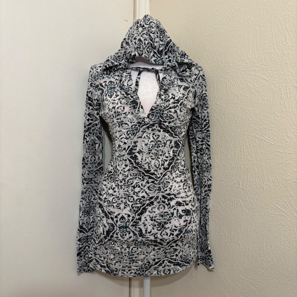 Black White Paisley Damask Hooded Long Sleeve Top Hoodie Y2K Fairy Grunge Boho S